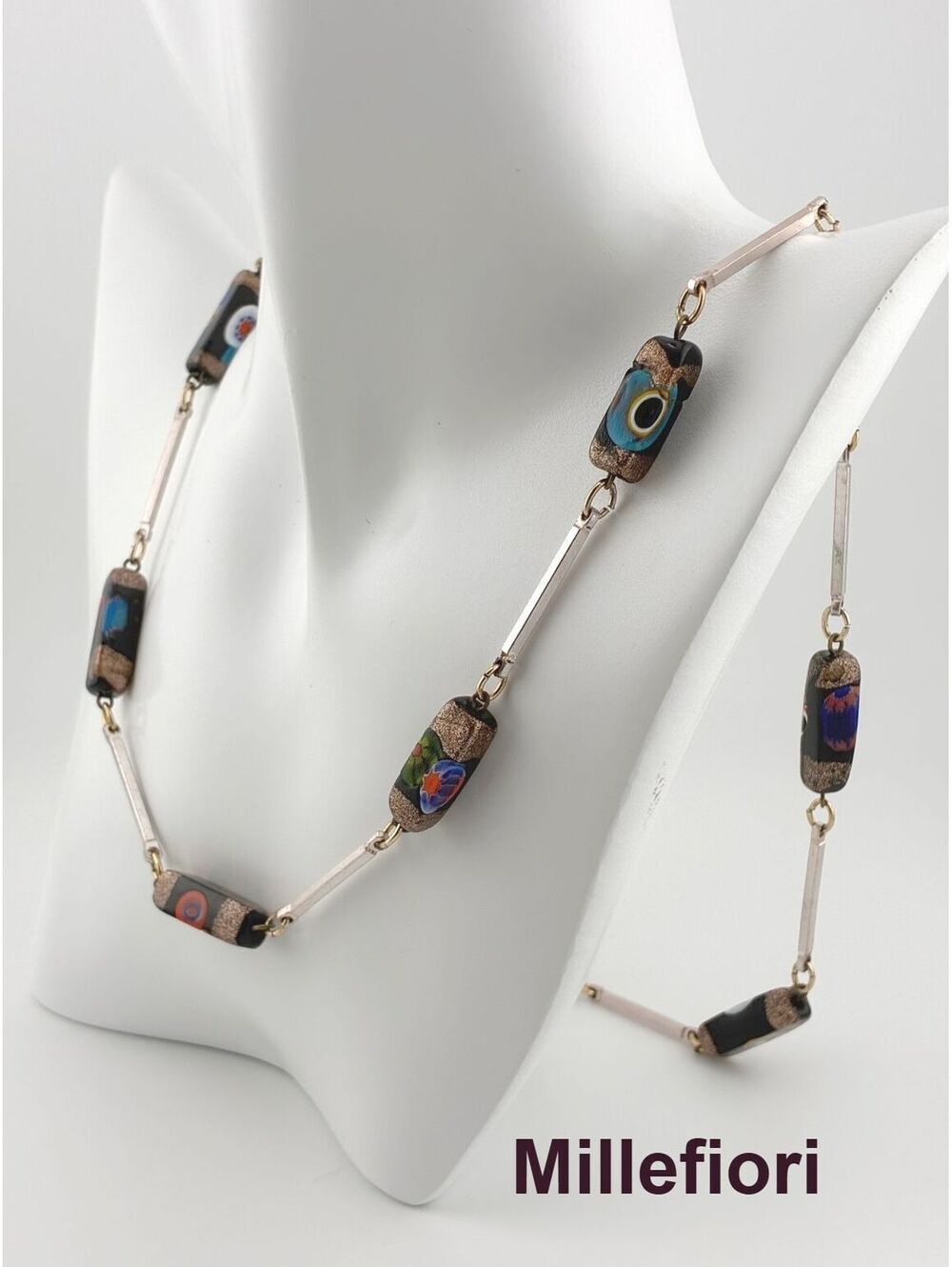 Vintage Venetian Millefiori Glass Bead Station Necklace with Bar Chain 26"